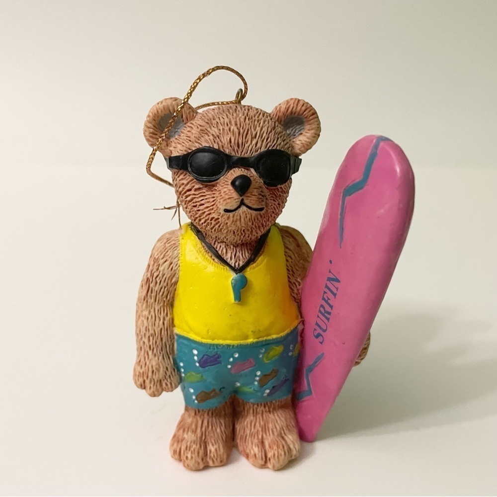 Vtg 1997 Claire’s Surfing Bear Ornament with Pink Surfboard